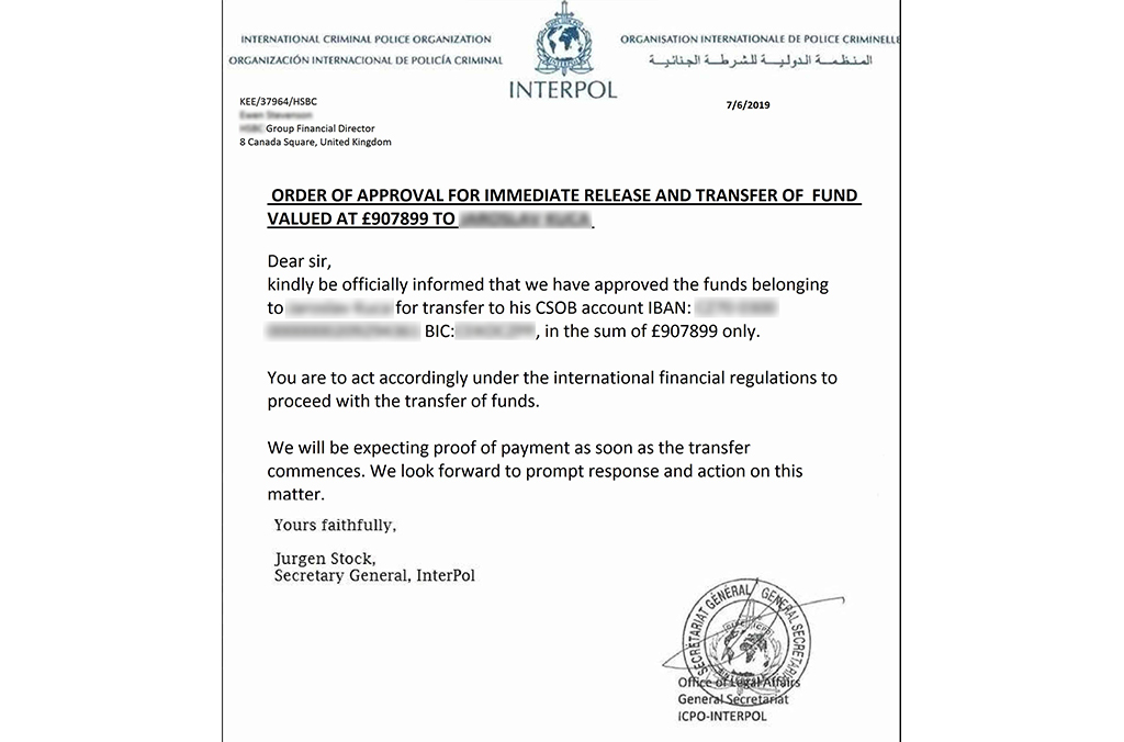 An example of a scam letter using INTERPOL's name.